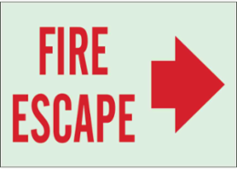 Fire Escape Sign, 10" H x 14" W x 0.063" D, Red on Glow, Polystyrene, Arrow Direction: Right
