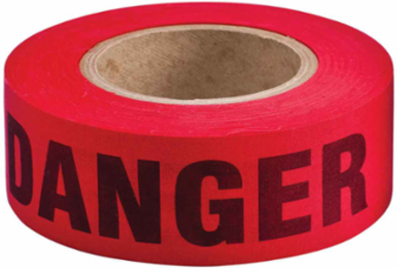 Re-Pulpable Danger Barricade Tape, Biodegradable Cotton, Black on Red, 2" x 135'