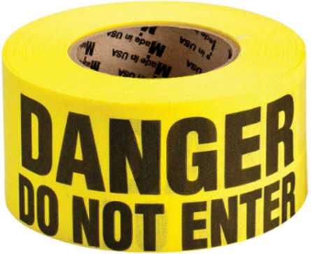 Re-Pulpable Danger Barricade Tape, Biodegradable Cotton, Black on Yellow, 3" x 135'