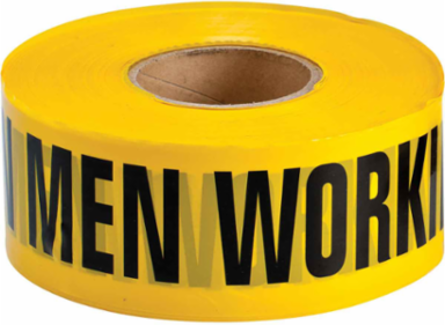 Caution Men Working Barricade Tape, Polyethylene with Cotton Webbing, Black on Yellow, 3" x 500'