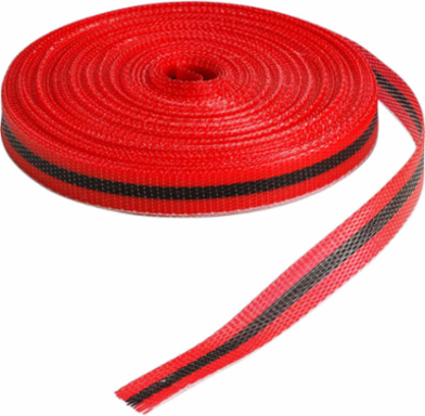 Outdoor Barricade Tape Roll - Woven Polypropylene, Horizontal Stripes, Black on Red, 0.75" x 150'