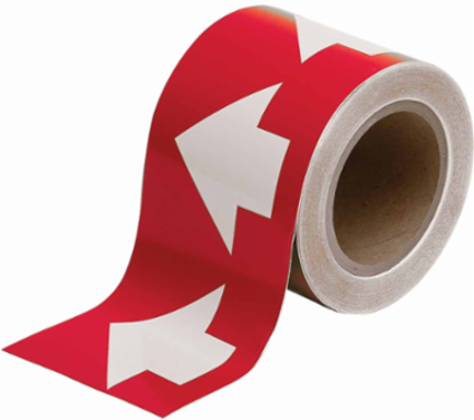 Directional Flow Arrow Tape for Pipe Marking - Roll Form, Vinyl, White on Red, 4" x 30 Yd