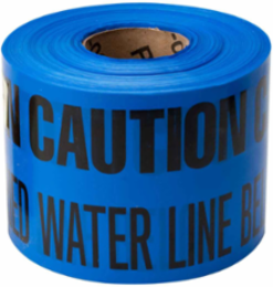 Identoline® Underground Tape Roll - Polyester-Encased Aluminum Foil, CAUTION BURIED WATER LINE BELOW, Black on Blue, 6" x 1000'