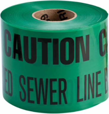 Identoline® Underground Tape Roll - Polyester-Encased Aluminum Foil, CAUTION BURIED SEWER LINE BELOW, Black on Green, 6" x 1000'