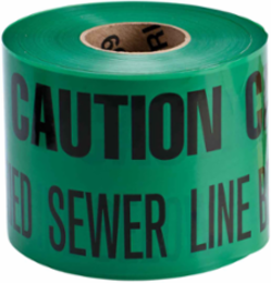 Identoline® Underground Tape Roll - Polyester-Encased Aluminum Foil, CAUTION BURIED SEWER LINE BELOW, Black on Green, 6" x 1000'