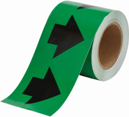 Directional Flow Arrow Tape for Pipe Marking - Roll Form, Vinyl, Black on Green, 4" x 30 Yd