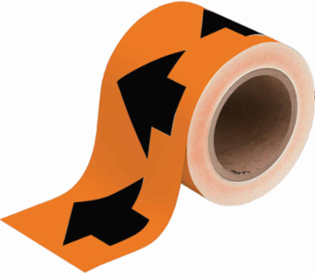 Directional Flow Arrow Tape for Pipe Marking - Roll Form, Vinyl, Black on Orange, 4" x 30 Yd