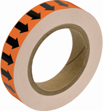 Directional Flow Arrow Tape for Pipe Marking - Roll Form, Vinyl, Black on Orange, 1" x 30 Yd
