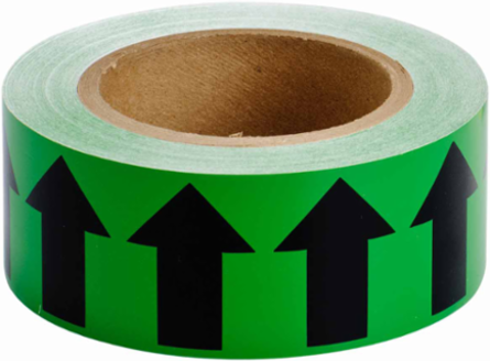 Directional Flow Arrow Tape for Pipe Marking - Roll Form, Vinyl, Black on Green, 2" x 30 Yd
