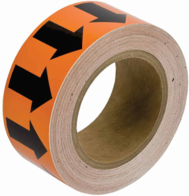 Directional Flow Arrow Tape for Pipe Marking - Roll Form, Vinyl, Black on Orange, 2" x 30 Yd