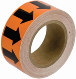 Directional Flow Arrow Tape for Pipe Marking - Roll Form, Vinyl, Black on Orange, 2" x 30 Yd
