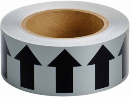 Directional Flow Arrow Tape for Pipe Marking - Roll Form, Vinyl, Black on Gray, 2" x 30 Yd