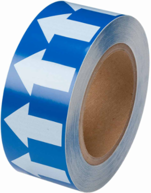 Directional Flow Arrow Tape for Pipe Marking - Roll Form, Vinyl, White on Blue, 2" x 30 Yd