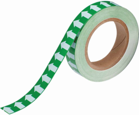 Directional Flow Arrow Tape for Pipe Marking - Roll Form, Vinyl, White on Green, 1" x 30 Yd