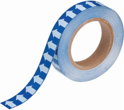 Directional Flow Arrow Tape for Pipe Marking - Roll Form, Vinyl, White on Blue, 1" x 30 Yd