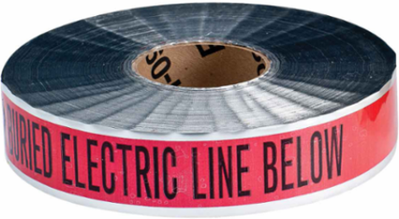 Identoline® Underground Tape Roll - Polyester-Encased Aluminum, CAUTION BURIED ELECTRIC LINE BELOW, Black on Red, 2" x 1000'
