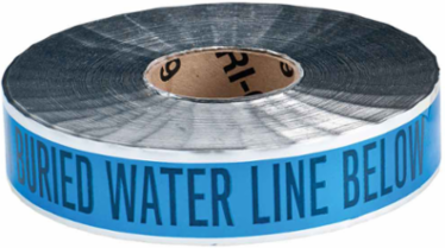 Identoline® Underground Tape Roll - Polyester-Encased Aluminum Foil, CAUTION BURIED WATER LINE BELOW, Black on Blue, 2" x 1000'