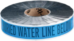 Identoline® Underground Tape Roll - Polyester-Encased Aluminum Foil, CAUTION BURIED WATER LINE BELOW, Black on Blue, 2" x 1000'