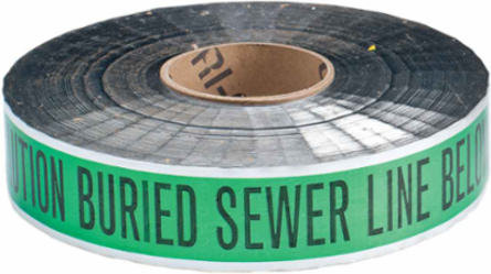 Identoline® Underground Tape Roll - Polyester-Encased Aluminum Foil, CAUTION BURIED SEWER LINE BELOW, Black on Green, 2" x 1000'