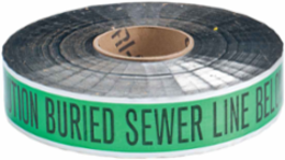 Identoline® Underground Tape Roll - Polyester-Encased Aluminum Foil, CAUTION BURIED SEWER LINE BELOW, Black on Green, 2" x 1000'