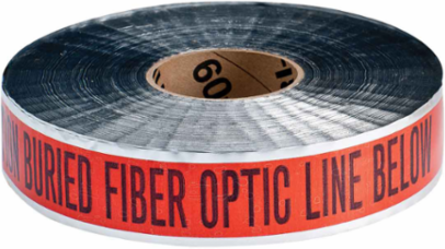 Identoline® Underground Tape Roll - Polyester-Encased Aluminum Foil, CAUTION BURIED FIBER OPTIC LINE BELOW, Black on Orange, 2" x 1000'