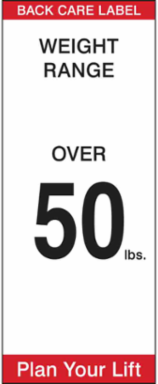 Back Care Weight Range Labels 5 Inch H x 2 Inch W, Permanent Adhesive, Black/Red on White