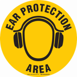 Anti-Skid Floor Sign, 17 Inch Diameter, Black on Yellow, Vinyl, Ear Protection Area