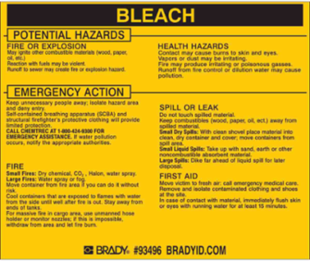 BLEACH Labels 3.75 Inch H x 4.5 Inch W, Vinyl, Black on Yellow, Permanent Adhesive