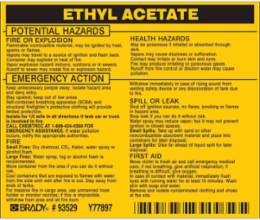 ETHYL ACETATE Labels, 3.75" H x 4.5" W x 0.005" D, Black on Yellow
