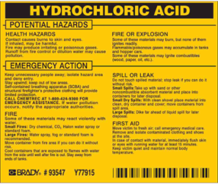 HYDROCHLORIC ACID Labels, 3.5" H x 4.5" W x 0.005" D, Black on Yellow
