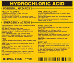 HYDROCHLORIC ACID Labels, 3.5" H x 4.5" W x 0.005" D, Black on Yellow