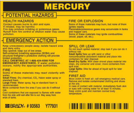 MERCURY Labels, 3.5" H x 4.5" W x 0.005" D, Black on Yellow