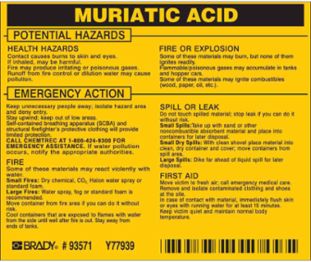 MURIATIC ACID Labels, 3.5" H x 4.5" W x 0.005" D, Black on Yellow