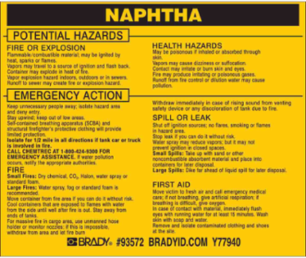 NAPHTHA Labels, 3.5" H x 4.5" W x 0.005" D, Black on Yellow