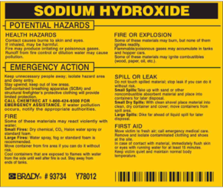 SODIUM HYDROXIDE Labels, 3.5" H x 4.5" W x 0.005" D, Black on Yellow
