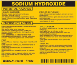 SODIUM HYDROXIDE Labels, 3.5" H x 4.5" W x 0.005" D, Black on Yellow