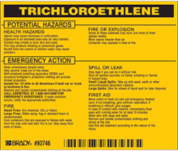 TRICHLOROETHYLENE Labels, 3.5" H x 4.5" W x 0.005" D, Black on Yellow