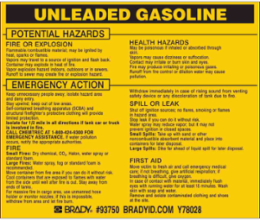UNLEADED GASOLINE Labels, 3.5" H x 4.5" W x 0.005" D, Black on Yellow