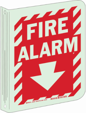 Fire Alarm Sign, 12" H x 9" W x 0.063" D, Red on Glow, Polystyrene
