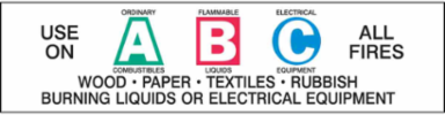 USE ON ALL FIRES A:ORDINARY COMBUSTIBLES B: FLAMMABLE LIQUIDS C: ELECTRICAL EQUIPMENT… Labels, 1.5" H x 6" W x 0.004" D, Blue/Green/Red on White