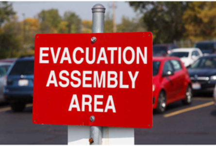 Evacuation Assembly Area Sign, 10" H x 14" W x 0.035" D, White on Red, Aluminum