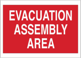 Evacuation Assembly Area Sign, 10" H x 14" W x 0.035" D, White on Red, Aluminum
