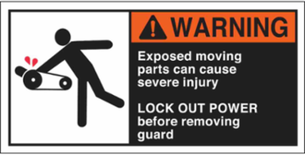 EXPOSED MOVING PARTS CAN CAUSE SEVERE INJURY Labels, 2.5" H x 5" W x 0.006" D
