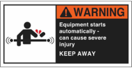 EQUIPMENT STARTS AUTOMATICALLY - CAN CAUSE SEVERE Labels, 2.5" H x 5" W x 0.006" D, Black/Orange/Red on White