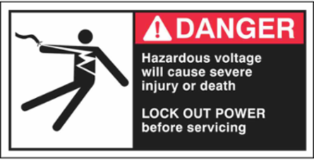 HAZARDOUS VOLTAGE WILL CAUSE SEVERE INJURY OR DEATH Labels, 2.5" H x 5" W x 0.006" D, Black/Red on White