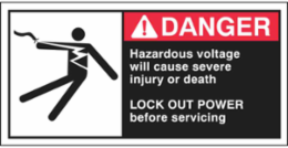 HAZARDOUS VOLTAGE WILL CAUSE SEVERE INJURY OR DEATH Labels, 2.5" H x 5" W x 0.006" D, Black/Red on White