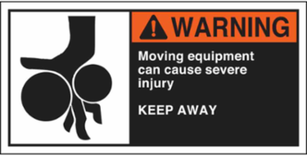 MOVING EQUIPMENT CAN CAUSE SEVERE INJURY KEEP AWAY Labels, 2.5" H x 5" W x 0.006" D, Black/Orange/Red on White