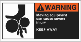 MOVING EQUIPMENT CAN CAUSE SEVERE INJURY KEEP AWAY Labels, 2.5" H x 5" W x 0.006" D, Black/Orange/Red on White