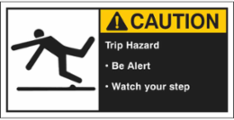 TRIP HAZARD BE ALERT WATCH YOUR STEP Labels, 2.5" H x 5" W x 0.006" D, Black/Yellow on White