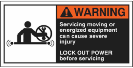 SERVICING MOVING OR ENERGIZED EQUIPMENT CAN CAUSE Labels, 2.5" H x 5" W x 0.006" D, Black/Orange/Red on White